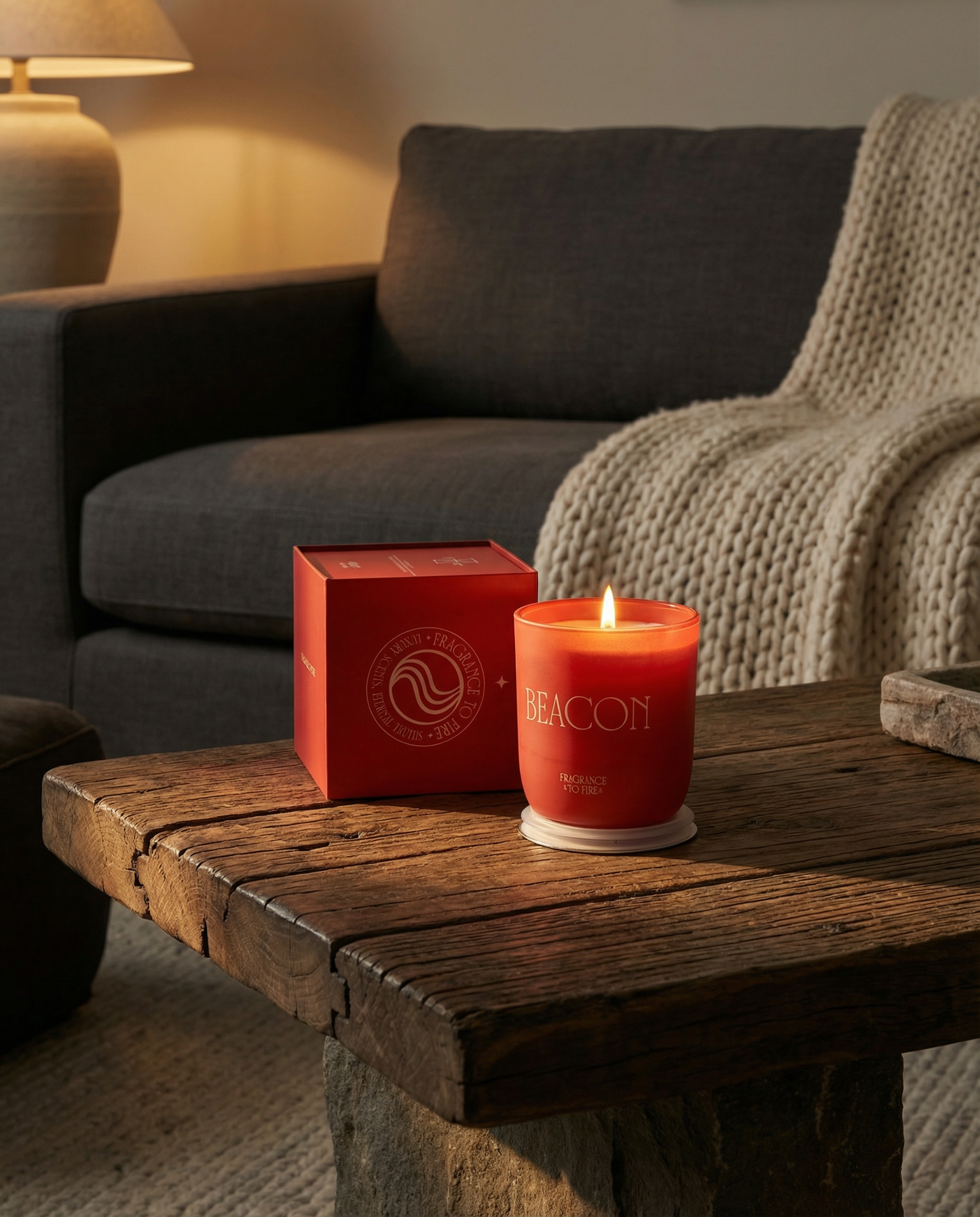 Pink Fragrance to Fire candle and box on a wooden table with a cozy living room background. Your word is a lamp to my feet