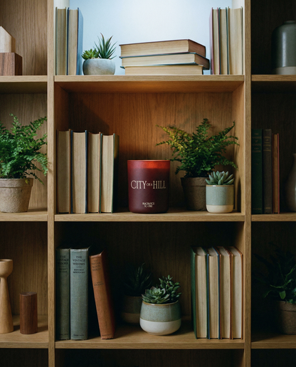 Wooden bookshelf with books, plants, and a Fragrance to Fire candle labelled 'City of Hill'.