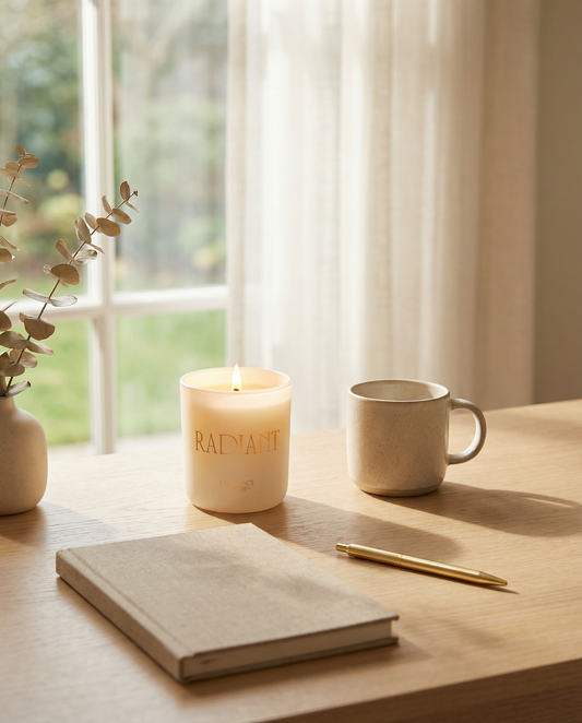 Candle, mug, notebook, and pen on a wooden table with a window in the background
