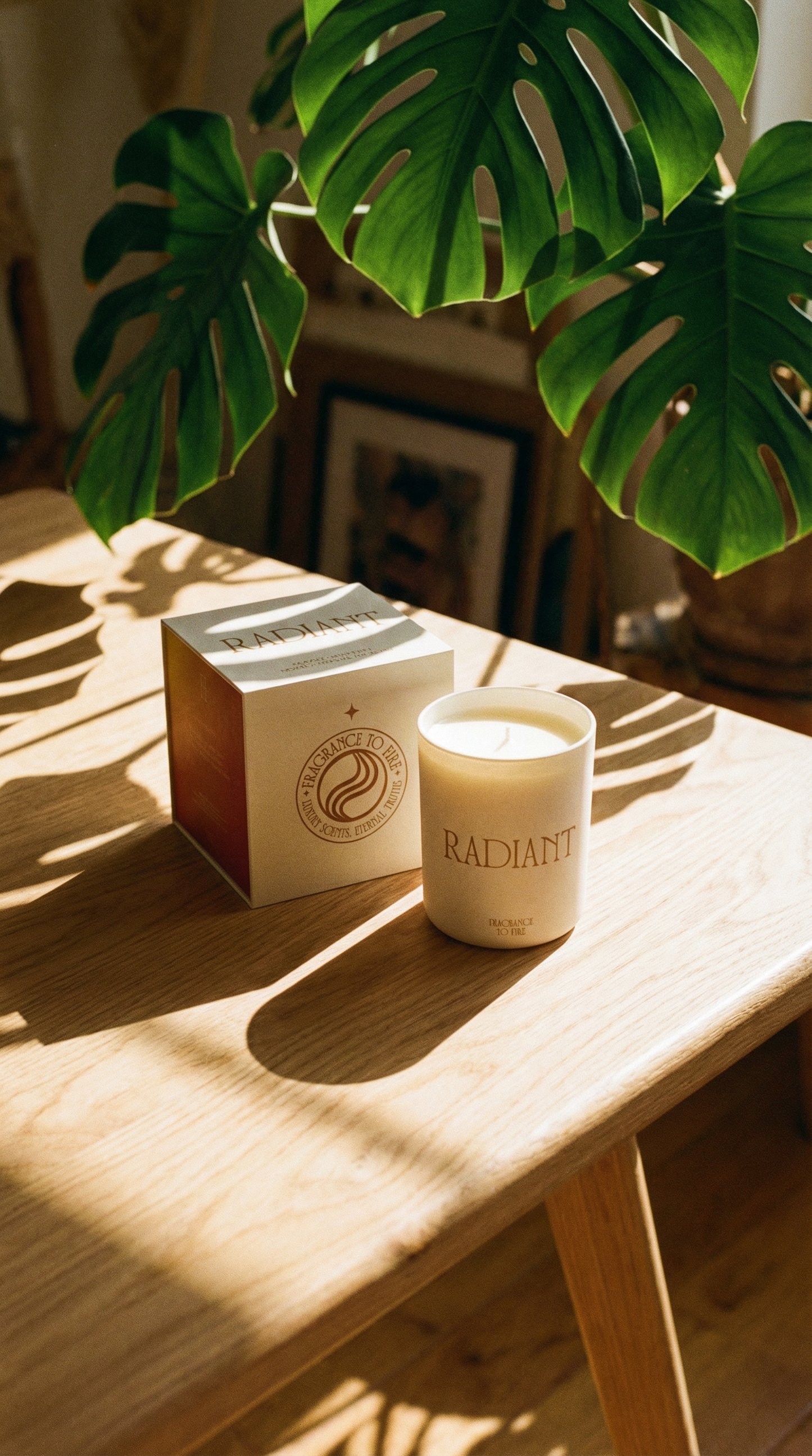 Candle and packaging on a wooden table with a plant in the background