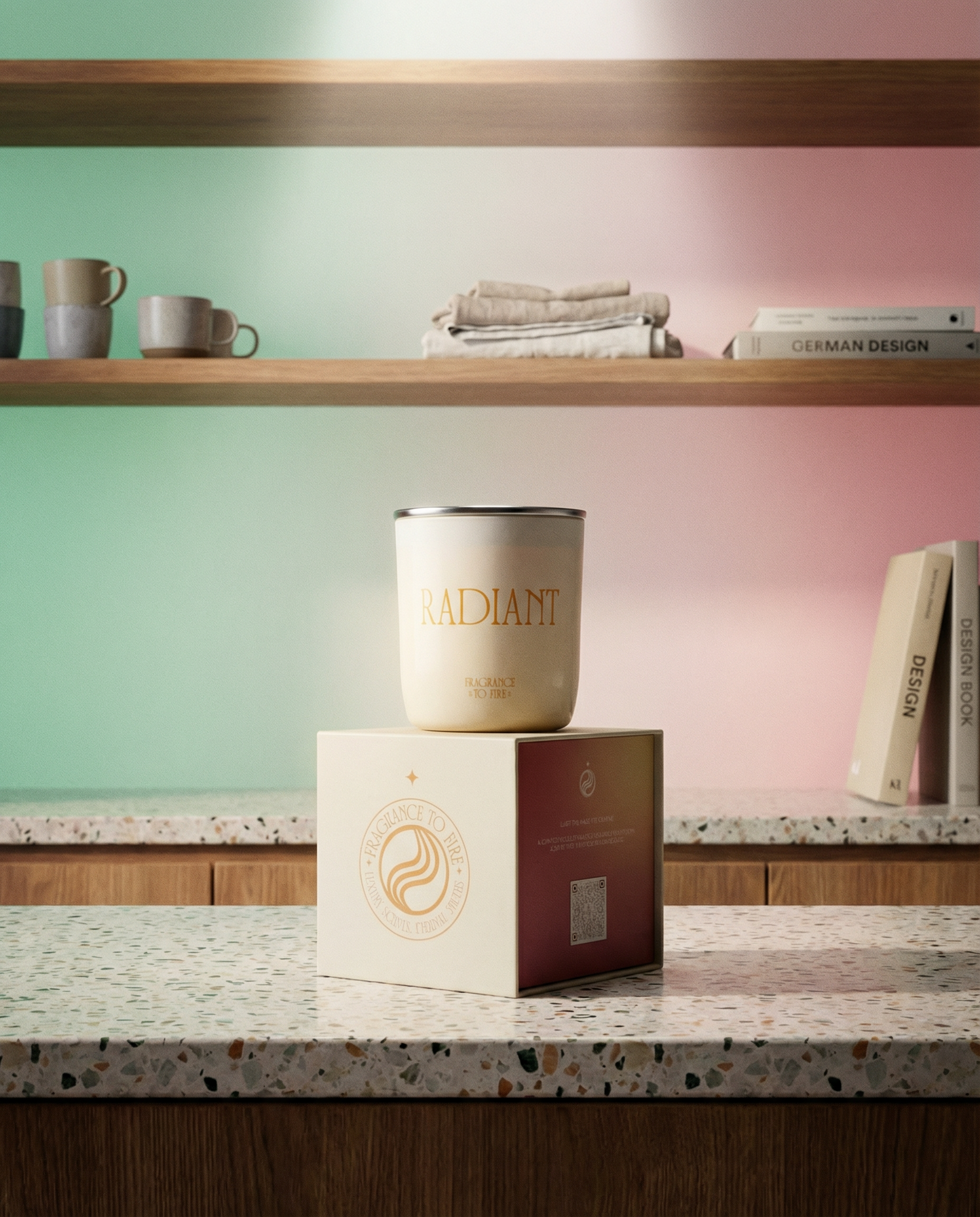 Candle with 'Radiant' branding on a box against a gradient wall with shelves.